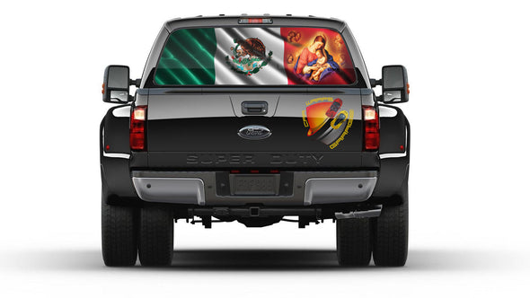 Mexican Flag with Virgin Mary Rear Window Graphic Perforated Decal Vinyl Sticker