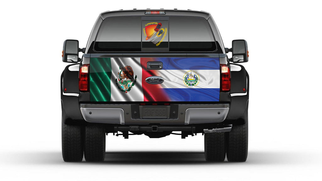 Mexican and El Salvador Flag Tailgate Wrap Vinyl Graphic Decal Sticker Truck