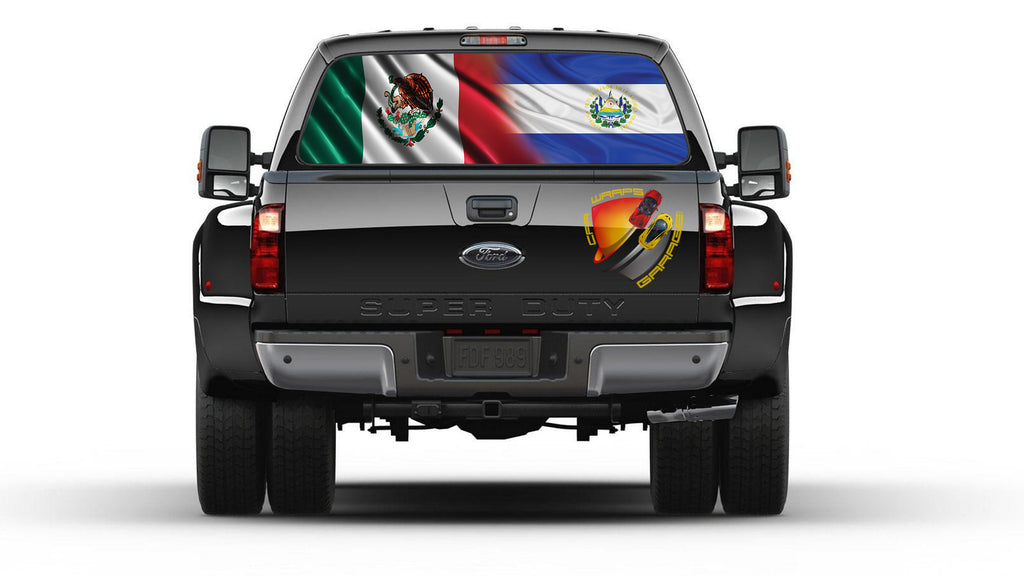 Mexico and El Salvador Flag Rear Window Graphic Perforated Decal Vinyl Pickup Truck