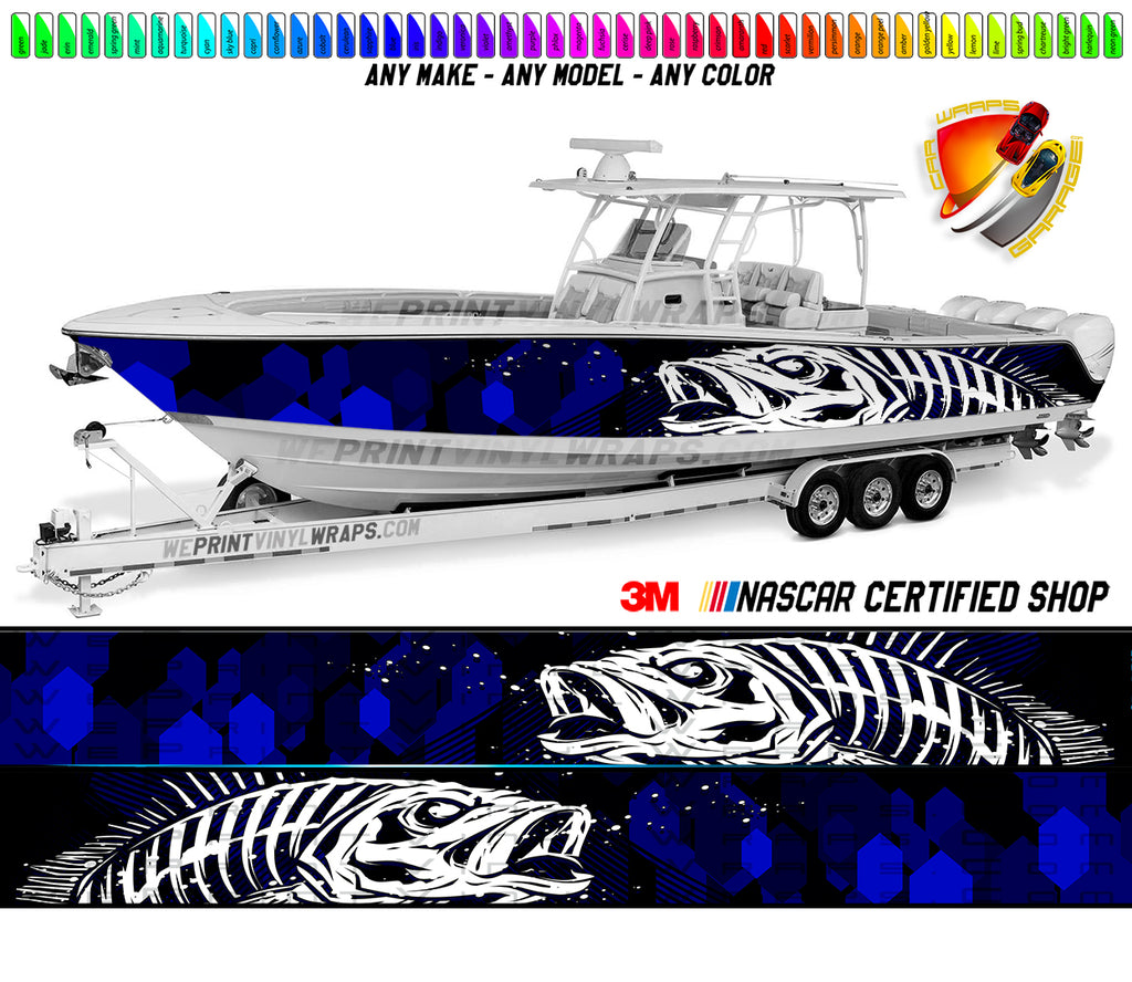 Sapphire Blue White Seabass Graphic Boat Vinyl Wrap Decal Fishing Bass Pontoon Decal Sportsman Boat Decal