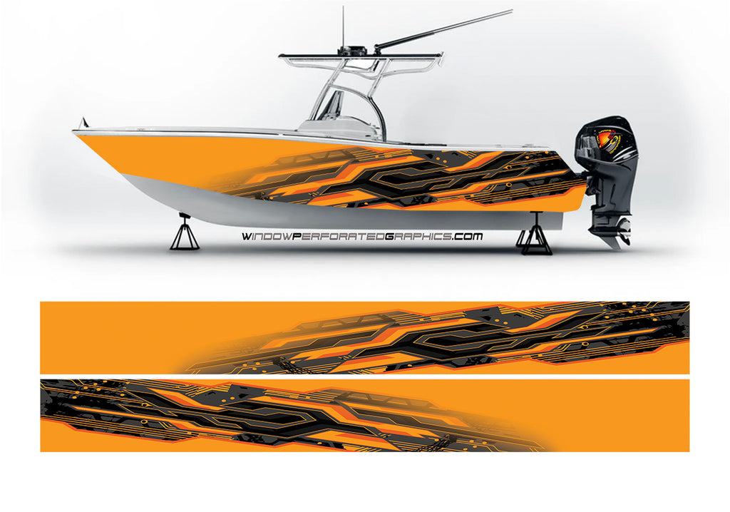 Boat Wrap Yellow Black Gray Vinyl Graphic Decal Kit Fishing Abstract Arrow  Lines
