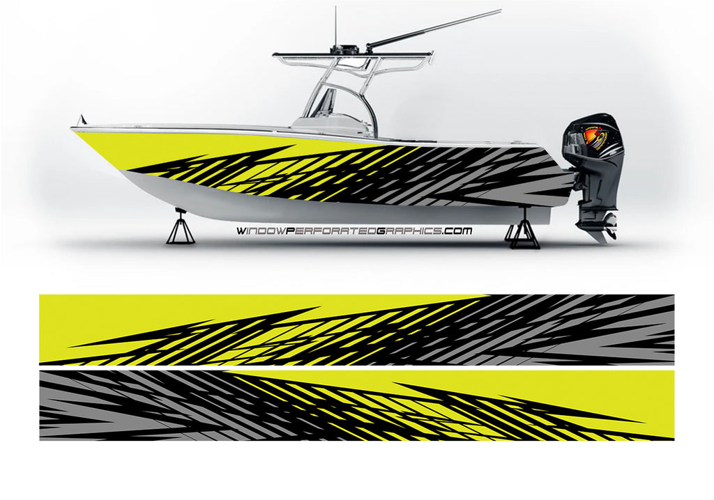 Neon  Yellow and Gray  Checkered  Modern Lines  Graphic Boat Vinyl Wrap Decal Fishing Bass Pontoon Decal Sportsman Boat Decal