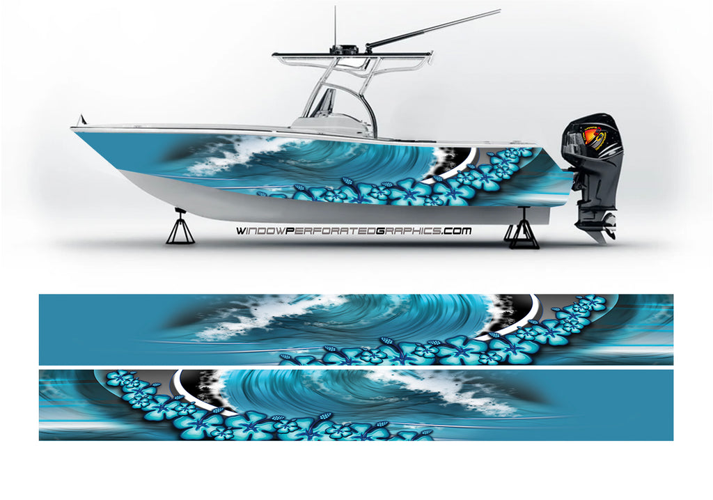 Ocean Blue Flowers Graphic Boat Vinyl Wrap Fishing Pontoon Decal
