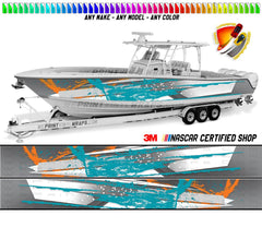 Orange, Aqua and Gray Splatter Graphic Boat Vinyl Wrap Decal  Fishing Pontoon Sportsman Tenders Console Bowriders Deck etc.. Boat Wrap Decal