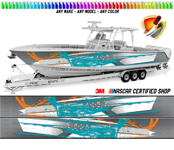 Orange, Aqua and Gray Splattered Graphic Boat Vinyl Wrap Decal  Fishing Pontoon Sportsman Tenders Console Bowriders Deck All Boats Decal