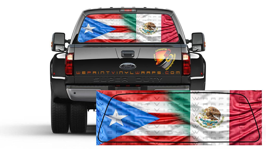 Puerto Rican and Mexican Flag Rear Window Perforated Graphic Vinyl Decal All Cars