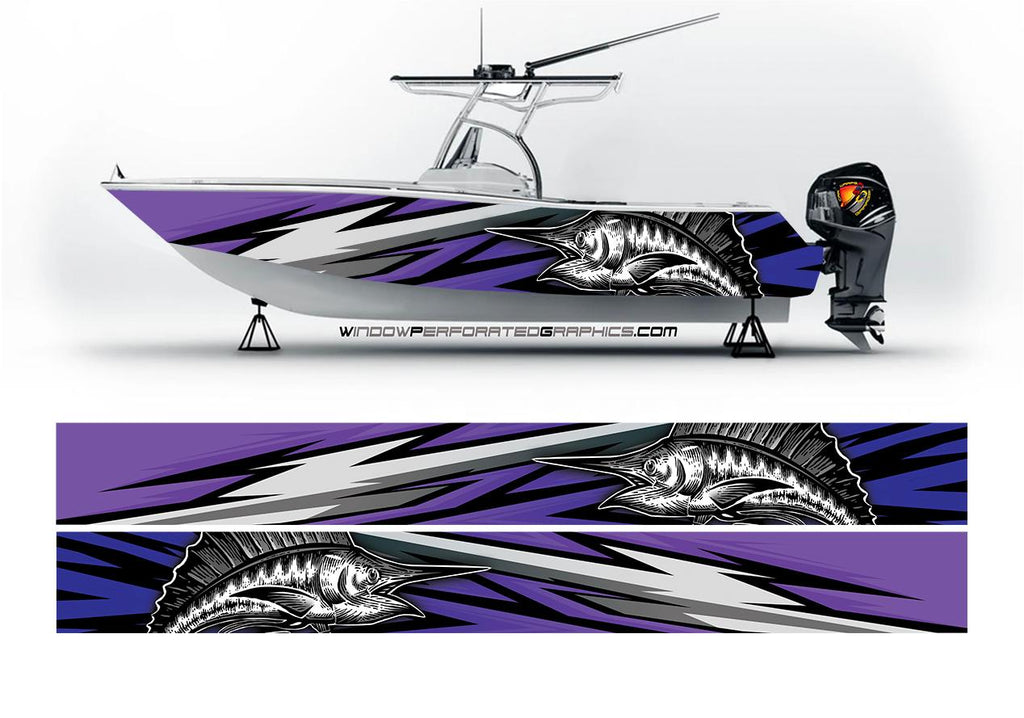 Purple, Blue  & Black Marlin Fish Modern Lines Graphic Boat Vinyl Wrap Fishing  Pontoon Sportsman Tenders Skiffs  Bowriders Deck Boats Sea Water