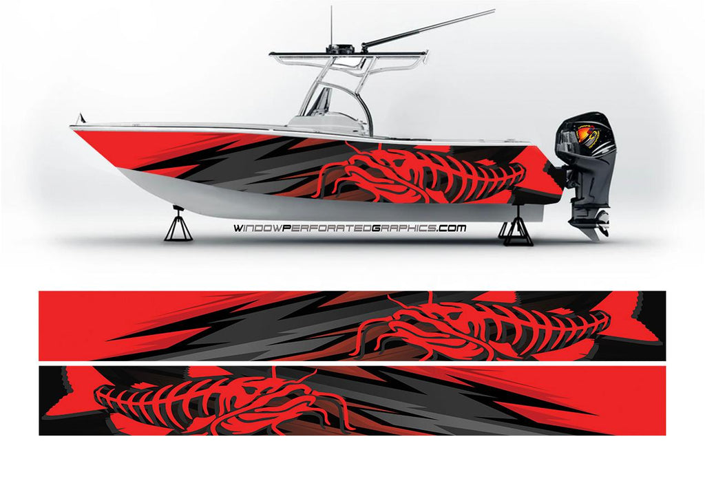 Grunge White Curved Lines Red Decal Fishing Boat Pontoon US Wrap Kit Vinyl