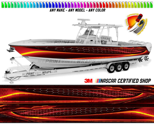 Red Fire Orange Hexagon Graphic Vinyl Boat Wrap Decal Fishing Bass Pontoon Sportsman Tenders Console Bowriders Deck Boat Watercraft For all Boats