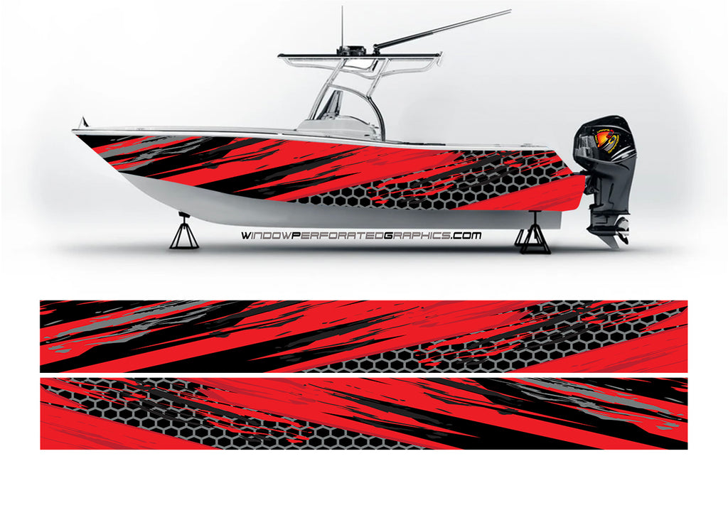 Red and Black Abstract Modern Lines Graphic Boat Vinyl Wrap Decal
