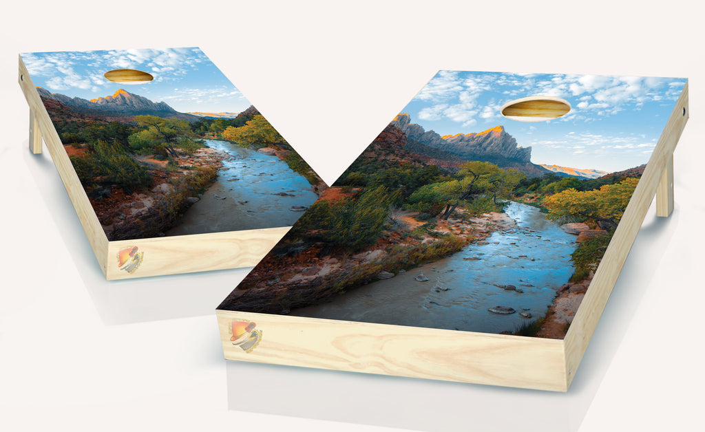 River Mountain Cornhole Board Vinyl Wrap Laminated Decal Sticker Set