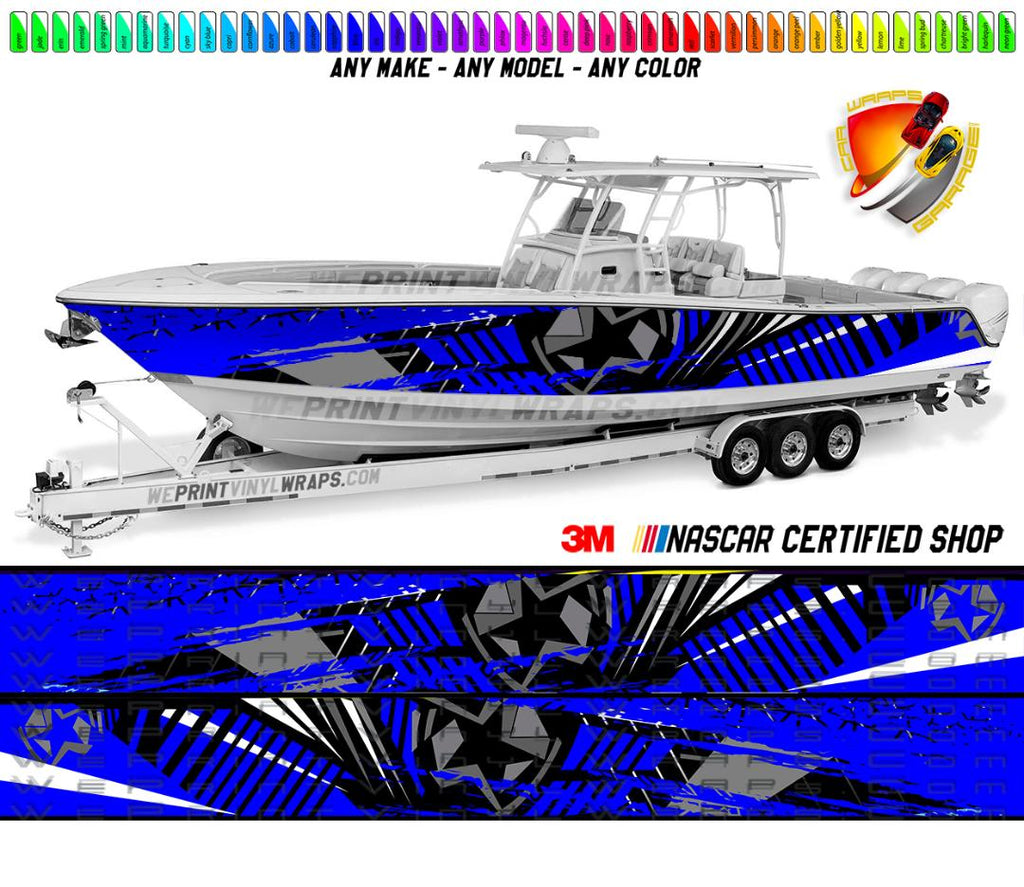 Royal Blue and Black Lines Star Graphic Vinyl Boat Wrap Decal Pontoon Sportsman Console Bowriders Deck Watercraft etc.. Boat Wrap Decal