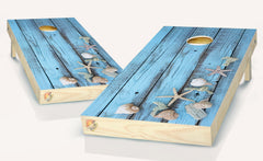 Rustic Blue  Beach Shells Cornhole Board Vinyl Wrap Laminated Sticker Set Decal
