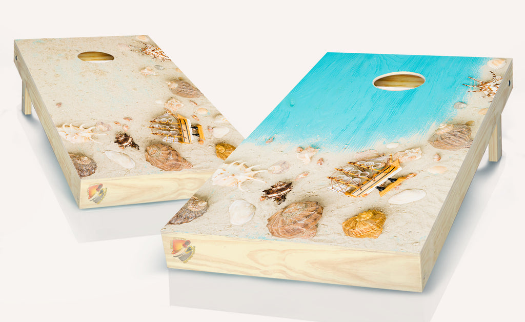 Sailboat Beach Shells Cornhole Board Vinyl Wrap Laminated Sticker Set Decal