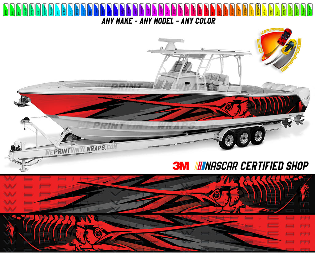 Sailfish Fish Bones Red Graphic Vinyl Boat Wrap Decal Sea Doo