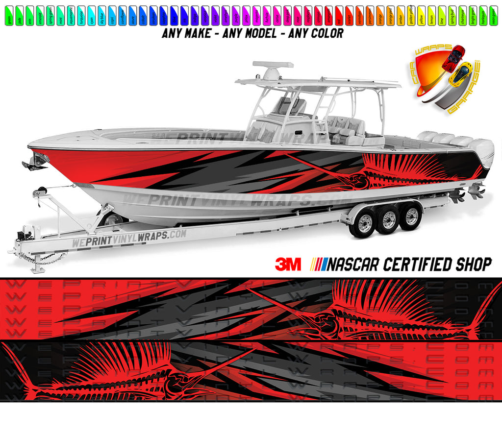 Sailfish Marlin Skeleton Graphic Vinyl Boat Wrap Decal Fishing