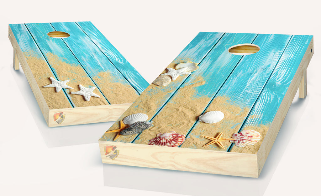 Shells Beach Rustic  Cornhole Board Vinyl Wrap Laminated Sticker Set Decal