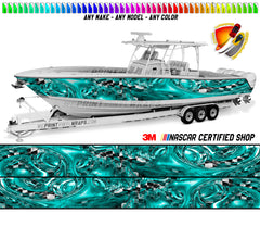 Teal and Checkered Graphic Vinyl Boat Wrap Decal Fishing Pontoon Sportsman Console Bowriders Deck Boat Watercraft  All boats Decal