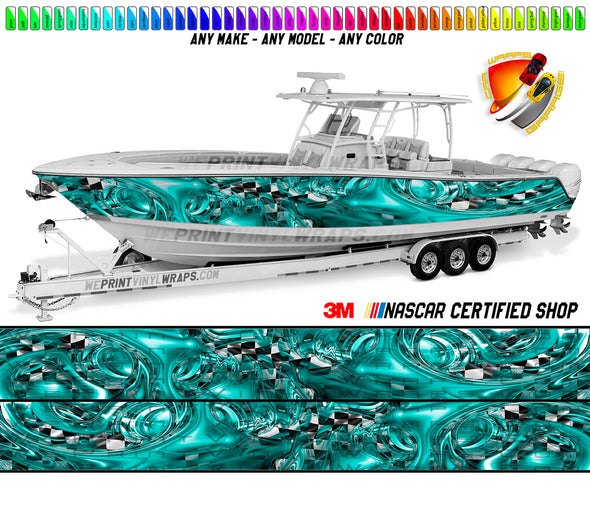Teal and Checkered Graphic Vinyl Boat Wrap Decal Fishing Pontoon Sportsman Console Bowriders Deck Boat Watercraft  All boats Decal