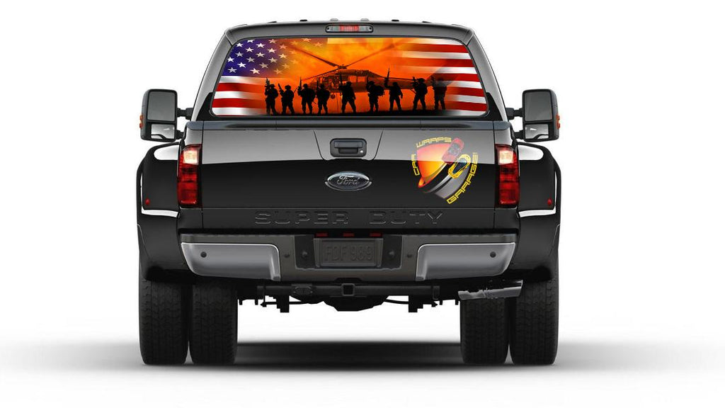 American Flag USA Flag American Heroes Patriotic Soldiers Rear Window Graphic Perforated Decal Vinyl Pickup Cars Campers