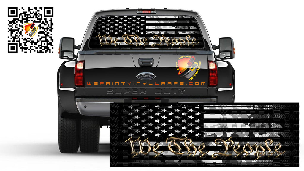American Flag  Black and White Camo We The People Gold  Patriotic Rear Window Perforated Graphic Decal Truck Cars