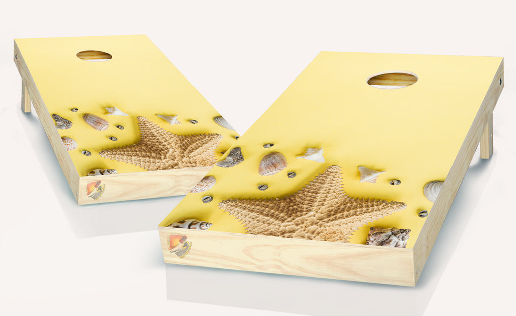 Yellow Starfish Beach Cornhole Board Vinyl Wrap Laminated Sticker Set Decal
